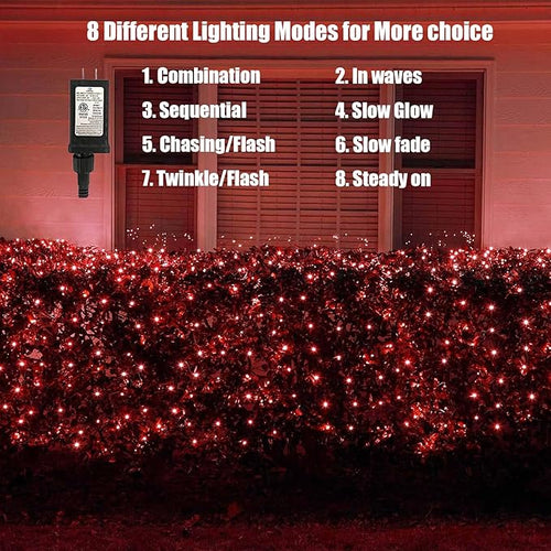 120Led Red Christmas Net Lights Outdoor 5ft x 6ft Connectable 8 Modes Waterproof Black Wire 29V Plug in Mesh Net Christmas Lights for Garden Yard Bushes Trunk Xmas Tree Decor (Red)