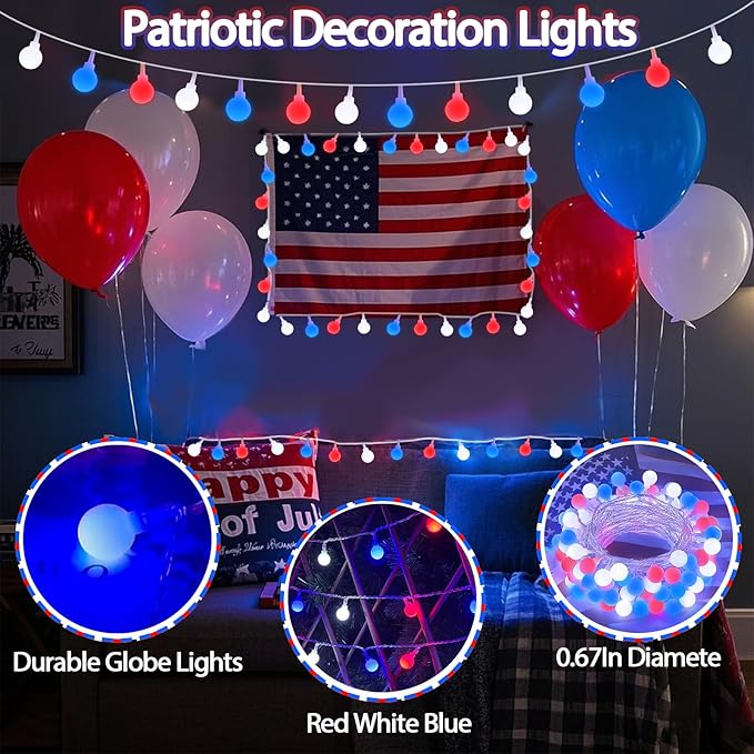 Connectable Red White and Blue String Lights Outdoor Indoor 42FT 100LED 4th of July Decorations Plug in with Timer 13 Modes Patriotic Globe Waterproof Fairy Lights for Independence Day Memorial Day