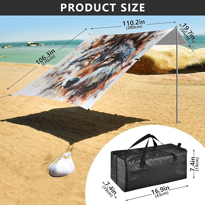 ALAZA Wolf Head Painting Beach Tent Sun Shelter UPF50+ Protection Beach Shade Canopy w/ 4 Sandbags for Outdoor Camping Fishing Backyard Fun Picnic 10x9 ft