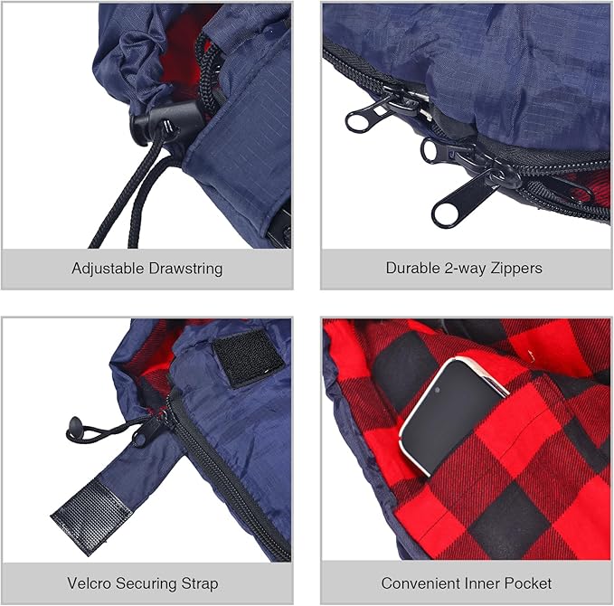REDCAMP Flannel Sleeping Bag for Adults Comfortable Cotton Sleeping Bags for Camping with Detachable Hood Red/Grey/Blue/Black