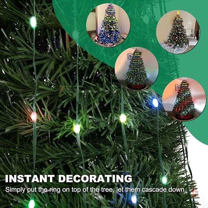 Christmas Tree String Lights Decorations with Ring Smart APP 400 LED Waterfall Lights IP65 Waterproof Multi-Modes with Remote Color Changing for Wedding Yard Party Home Holiday