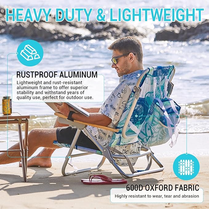 #WEJOY 2 Pack Aluminum Beach Chair with 4 Positions Backpack Beach Chair with Wooden Armrest Portable Reclining Chair with Cup HolderBack Storage Bag for Camp Lawn Pool Outdoor Trip (Cyan Green)