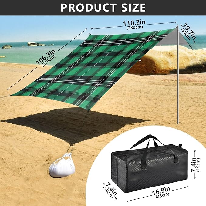 Plaid Texture Green Beach Tent Sun Shelter 9.2' x 10.5' Beach Canopy with 4 Sandbags 4 Stability Poles Sand Shovels - Tent Canopy for Beach Camping Fishing Picnics