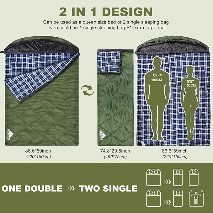 AGEMORE Cotton Flannel Double Sleeping Bag with Fleece Lined Hood Waterproof Queen Size 2 Person Sleeping Bag for Adults Cold Weather Camping Backpacking or Hiking 3-4season