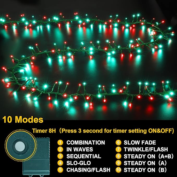 LAMPHOME 500 LED String Lights Outdoor - 16 Modes 46ft with Waterproof Green Red &amp Red-Green Cluster Lights