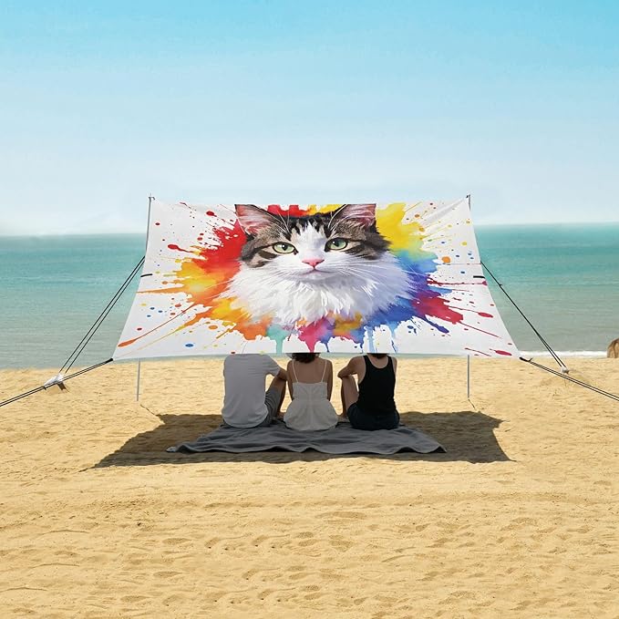 ALAZA Colorful Watercolor Cat Beach Tent Sun Shelter UPF50+ Protection Beach Shade Canopy w/ 4 Sandbags for Outdoor Camping Fishing Backyard Fun Picnic 10x9 ft