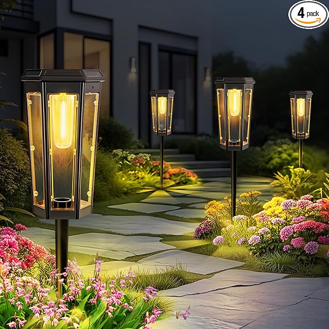 Solar Pathway Lights Outdoor 4 Pack Bright Solar Lights Outdoor Waterproof Bright Up to 10 Hrs Auto On/Off Garden Lights for Yard Landscape Driveway Walkway with 2 Lighting Modes
