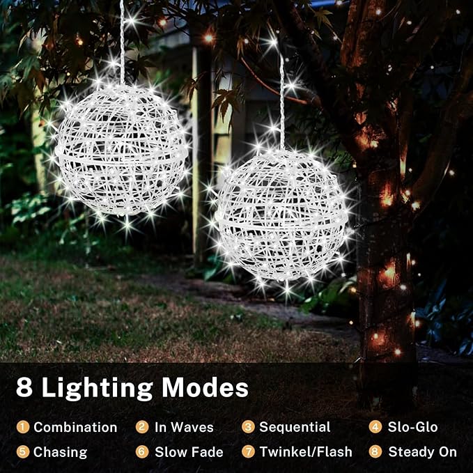 Outdoor Christmas Balls Lights 4 Pack Hanging 7.9 LED Garden Sphere Tree Lights 8 Modes Waterproof Glow Globe Light with Memory Timer Plug for Yard Porch Eave Patio Home Bedroom Decoration-Cool White
