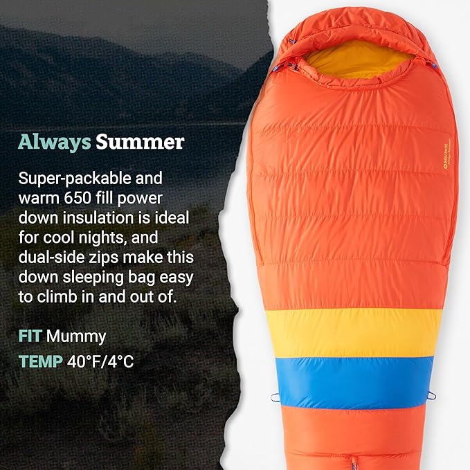 MARMOT Men's Always Summer 40° Sleeping Bag 650 Fill Down for Camping &amp Backpacking