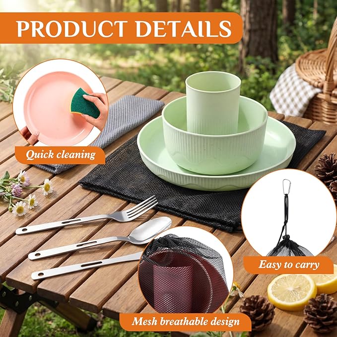 LemonRoad 32 Pcs/4 Sets Camping Dinnerwares 4 Person Camping Mess Kit with Plastic Plates Bowls Cups and Stainless Steel Cutlery Set for Family Rv Hiking Picnic Outdoor