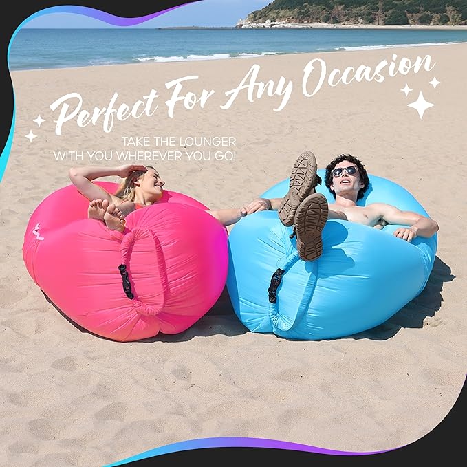Nevlers Blue &amp Pink Inflatable Lounger 2 Pack | 210T Polyester Air Couch | No-Pump Inflatable Couch | Blow Up Chair Set w/ 450 lbs. Capacity Pockets &amp Carry Bags for Use as Beach Accessories