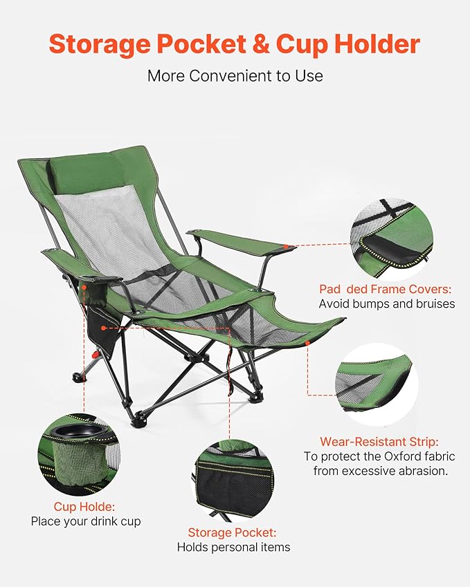 VEVOR Reclining Camping Chair 4 Adjustable Positions Portable Folding Lounger for Adults Mesh Beach Chair with Headrest &amp Foot Rest Supports 220 lbs Heavy Duty Camp Chairs for Patio Green
