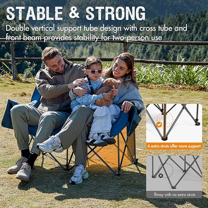 PORTAL Double Camping Chair 2 Person Folding Loveseat for Adults Padded Cushion Camp Lawn Love Seat with Side Pocket Portable Couch Two Person Heavy Duty Wide Chairs with Cup Holder 600 lbs