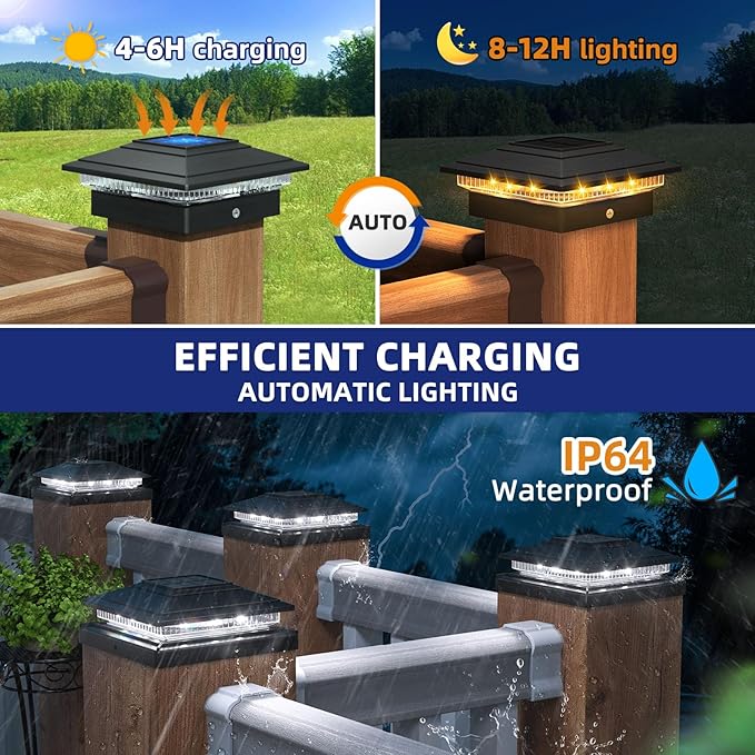 APONUO Solar Post Cap Lights 12-Pack Black IP64 Waterproof 16 LED Fence Post Solar Lights for 4x4 5x5 6x6 Wood/Vinyl Posts 2-Mode Deck Post Lights Solar Powered 10-Hr Lighting for Patio Yard Porch