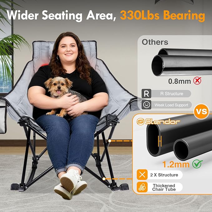 Slendor Oversized Heated Camping Chair with 2000mAh Battery Padded &amp Pillow Heated Rocking Chair 3 Adjustable Heat Settings Camping Rocker Chair for Easy Setup and Foldable Storage