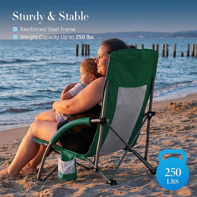 DUMOS Low Beach Chair for Adults Lightweight Folding Beach Chair with Cup Holder Storage Bag Breeze Mesh Back Padded Armrests Compact Low Profile Chair for Camp Picnic Lawn Sand
