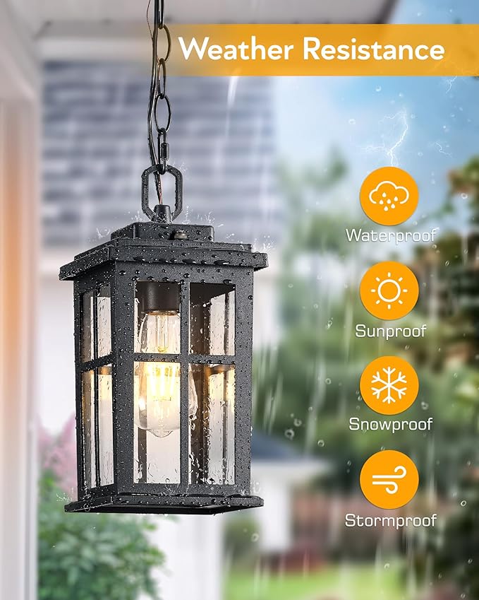 Black Dusk to Dawn Outdoor Pendant Light Modern Hanging Light Fixture with Tempered Glass Waterproof Exterior Ceiling Lights for Patio Porch House Anti-Rust Aluminum Adjustable Chain