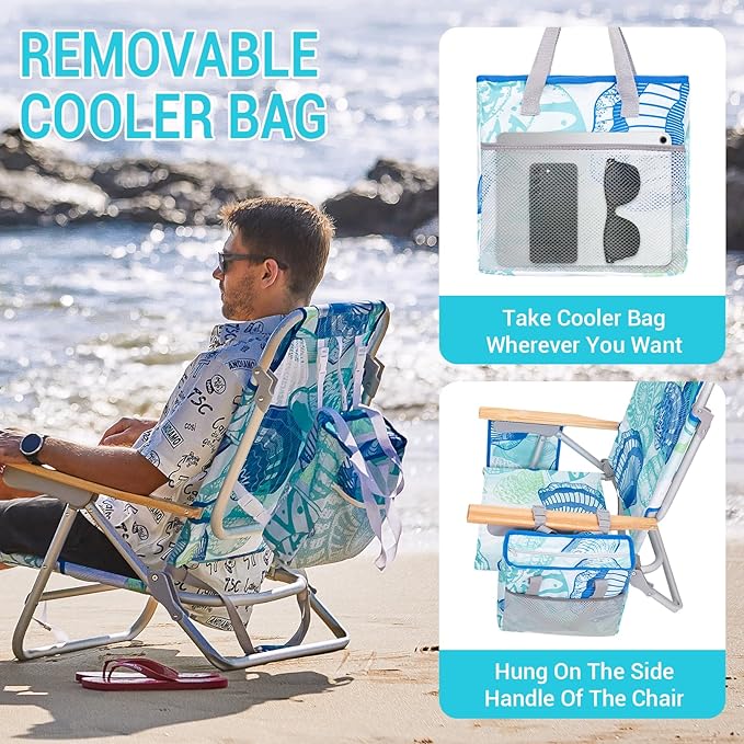 #WEJOY 2 Pack Aluminum Beach Chair with 4 Positions Backpack Beach Chair with Wooden Armrest Portable Reclining Chair with Cup HolderBack Storage Bag for Camp Lawn Pool Outdoor Trip (Cyan Green)