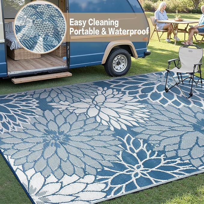 HUGEAR 5'x8' Outdoor Rug Waterproof Plastic Straw Rugs Blue Reversible Floral Mat Floor Carpet for Camping RV Deck Entryance Porch Picnic Balcony Beach Backyard