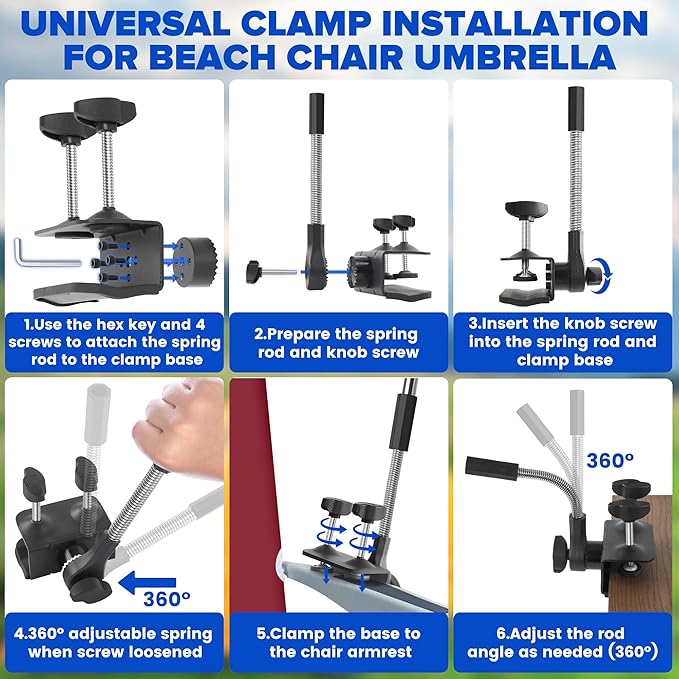 2PACK 48.7inch Umbrella for Beach Chair 360°Adjustable 50+ UV Protection Large Camping Chair Umbrella with Universal Clip for Glof Cart Garden Table Bleacher（ChairTable not include）