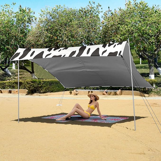 Cow Spots Pattern Beach Tent Sun Shelter 9.2' x 10.5' Beach Canopy with 4 Sandbags 4 Stability Poles Sand Shovels - Tent Canopy for Beach Camping Fishing Picnics