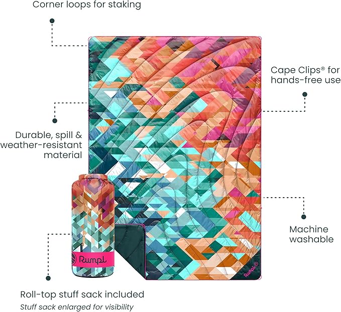 Rumpl Original Puffy Blanket - Warm Water-Resistant Camping Blanket with 100% Recycled Synthetic Insulation 52x75 Original Puffy V2 Geo Cool