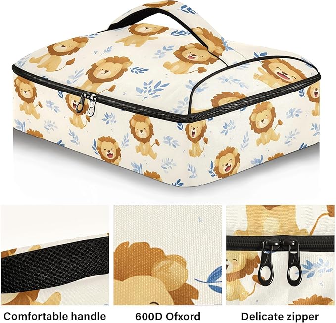 Casserole Carrier Cute Lion PatternsInsulated Casserole Carrier for Hot or Cold Food Thermal Lunch Tote for Potluck Parties Picnic Beach Fits 9 x 13 Inches Baking Dish