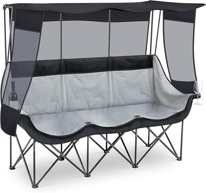 3 Person Camping Chair with Canopy Shade 700lbs Heavy Duty Oversized Beach Camping Chair with Thick Cushion Cup Holder and Carry Bag Foldable Portable Sofa for Lawn Beach Outdoor(Black)