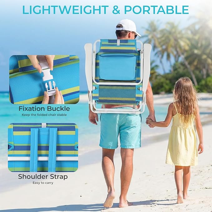TLSUNNY 25 W Low Beach Chair for Adults W/5-Position Lay Flat &amp Cooler Pouch Folding Backpack Beach Chair W/Headrest Storage Bag Towel Bar Foot Mat for Camping350LBS(1 Blue/Green 8.9″)