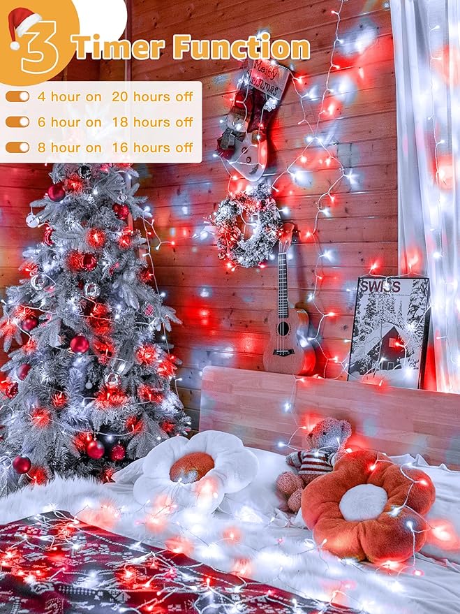 Christmas Lights 600 LED 98FT Waterproof Outdoor String Lights with Remote and Timer 8 Modes Dimmable Fairy Lights for Indoor Outdoor Wedding Party Holiday Decorations (Red and White)