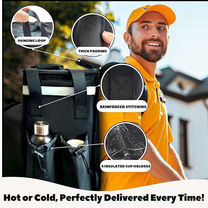 Insulated Food Delivery Backpack made with Expandable 1680D commercial-grade fabric features customizable Velcro patch area for branding ideal for bike deliveries Uber Eats DoorDash Grubhub