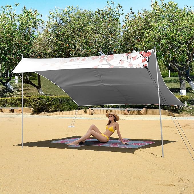 ALAZA Red Cherry Blossom Flowers Floral Beach Tent Sun Shelter UPF50+ Protection Beach Shade Canopy w/ 4 Sandbags for Outdoor Camping Fishing Backyard Fun Picnic 10x9 ft