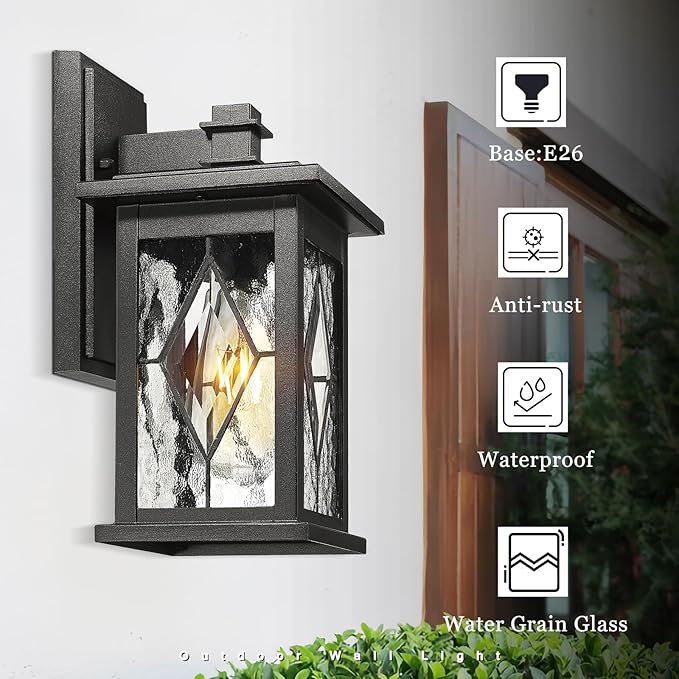 Emliviar Farmhouse Outdoor Porch Light 1-Light Patio Wall Fixture With Water Grain Glass Shade Black Finish 1803EW1-SD BK