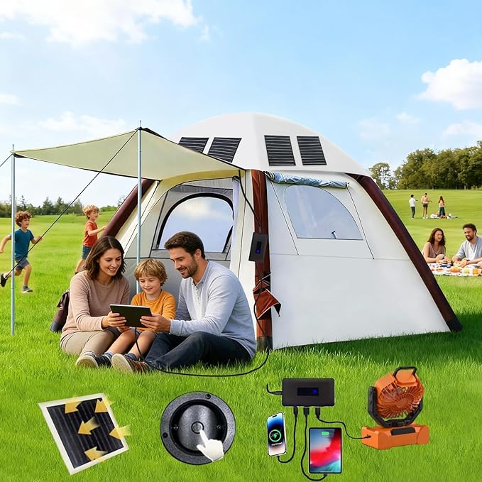 Automatic Inflatable Tents for Camping 4 Person with Solar Panel Easy Set Up Pop Up Tents for Camping with 2-3 Min Family Tents for Camping Windproof Waterproof Blow Up Tents for Traveling