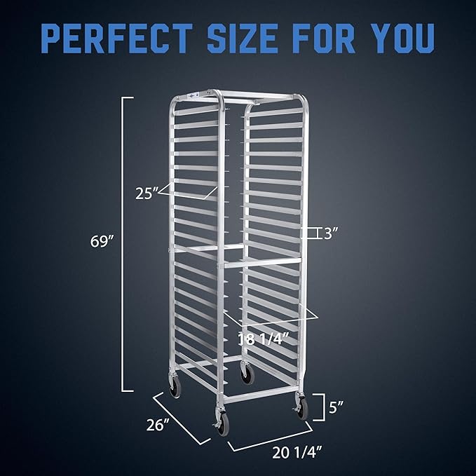 Profeeshaw Bun Pan Bakery Rack 20 Tier with Wheels Aluminum Racking Trolley Storage for Half or Full Sheets