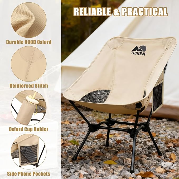 Ultralight Camping Chair Backpacking Chair Portable Camp Chair with Cup Holder &amp Storage Bag Lightweight Compact Folding Chair for Hiking Travel Picnic Mountaineering (Light Brown)