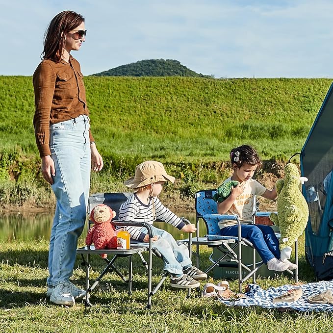 Busy Bee Kids Camping Chair with Foldable Side Table Lightweight Flat Folding Compact and Portable Perfect Kid Beach Chairs Supports 150 Lbs.