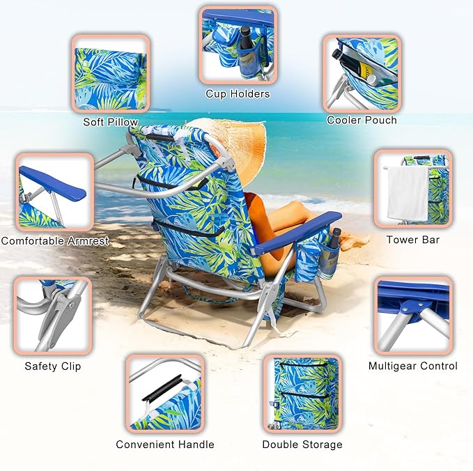 Backpack Beach Chairs for Adults - Folding Heavy Duty Camping Chair with Storage Pouch Cup Holder &amp Towel Rack Lightweight &amp Adjustable Chair for OutdoorTravel (2pcs / Tropical Foliage)