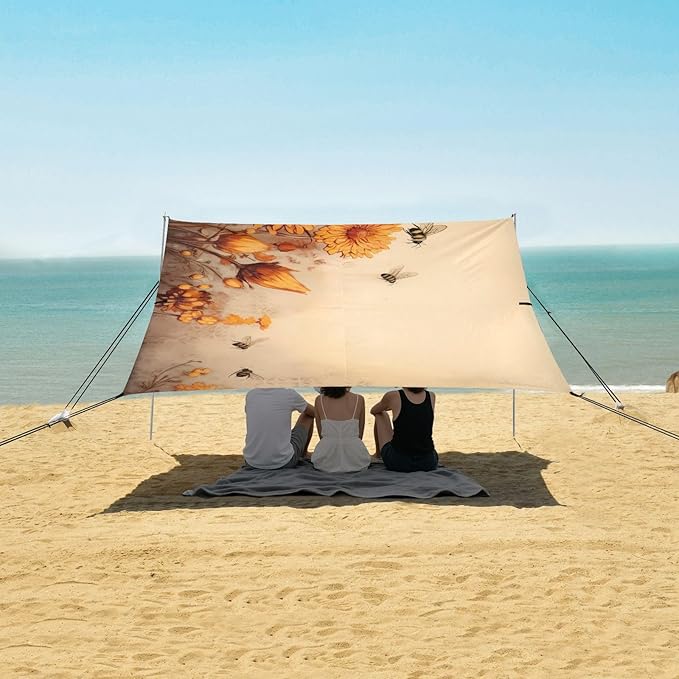 Vintage Sunflower Bee FlowersCamping Sun Shelters 9.2 x 10.5 FT Beach Canopy Tent Sun Shade with Carrying Bag for Camping Trips Fishing Backyard Fun or Picnics 21341511
