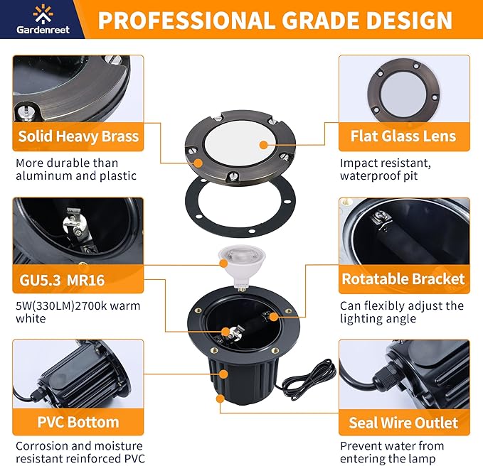 Gardenreet Brass Low Voltage In Ground Lights Kit(6 Pack) with MR16 Bulb &amp 100Feet Wire &amp Connectors 12V AC/DC LED Well Lighting for Outdoor Yard Garden Paver Path(Open Top)
