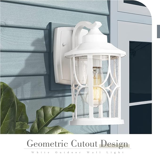 zeyu 2 Pack Outdoor Wall Sconce Lights Modern Farmhouse Outdoor Porch Lights for House Die-Cast Aluminum in White Finish Seeded Glass Shade ZX48B-2PK WH