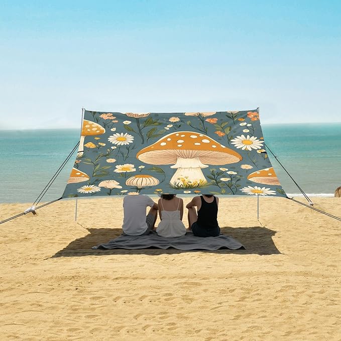 Mushroom Daisy Pattern Camping Sun Shelter Beach Tent Portable Beach Sun Shade Outdoor Canopy for Camping Trips Fishing Picnic