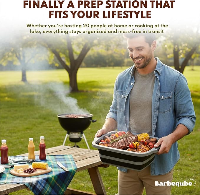 Collapsible BBQ Prep Tub XL with Locking Lid &amp Cutting Board - Pro-Grade Silicone Grill Station for Brisket Ribs Meal Prep - Space-Saving Portable Container for Camping Tailgating &amp Outdoor