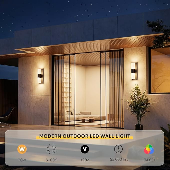 12.4 inches Outdoor Led Wall Light 30W 3000K Hardwired Porch &amp Patio Aluminum Sconces with Frosted Acrylic LampshadeIP65 Waterproof Exterior Wall Lamp for GarageFront Door(Black2Pack)