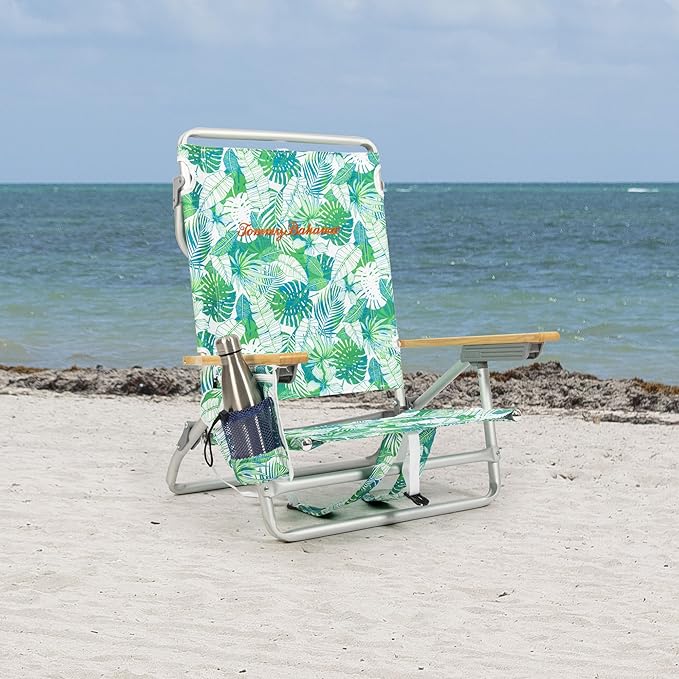 Tommy Bahama 2-Pack 5-Position Classic Lay Flat Backpack Beach Chair with Cooler and Cup Holder Portable Folding Beach Chair for Tanning Tropical Leaves