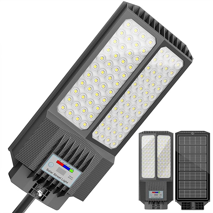 Solar Street Light with Pole Solar Street Lights Outdoor Waterproof Dusk to Dawn 7000K LED Security Flood Light with Motion Sensor and Remote Control for Pathway Entryway &amp Yard