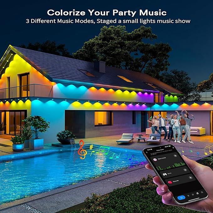 Permanent Outdoor Lights 100FT RGB+IC Smart Eaves Lighting with 50 LEDs 16 Million Colors IP68 Waterproof for Year-Round and Holiday Use
