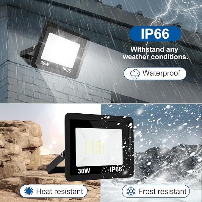 LED Flood Light Outdoor30W LED Work Light with ON/Off Switch Plug in Security Lights IP66 Waterproof 6500K 2Pack Portable Exteriores Floodlights for Yard Garage Stadium Garden Patio