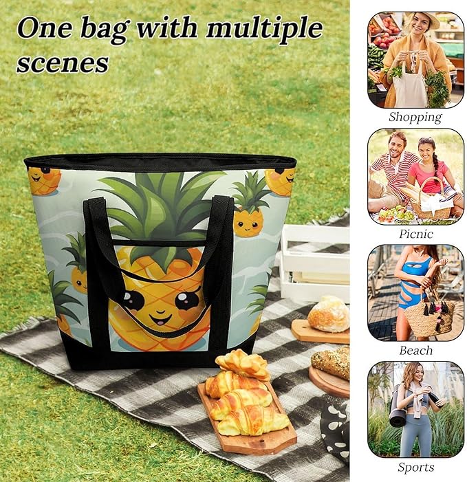 Insulated Shopping BagLarge Reusable Cooler Bags Cute Pineapple Printed Foldable Shopping BagTravel Waterproof Shoulder Bag