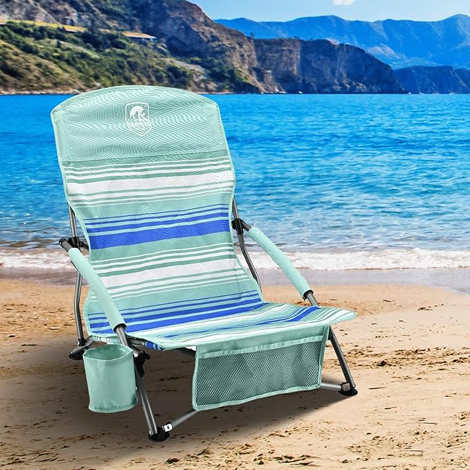 Low Profile Folding Beach Chair 2PK Mint Green Stripes